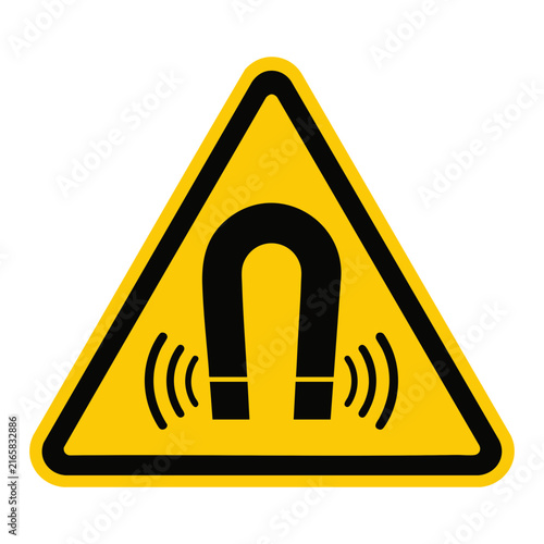 Obraz na płótnie Yellow triangular warning sign with a black horseshoe magnet icon indicating a s