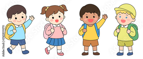 Cute diverse kids going to school illustration set with backpacks