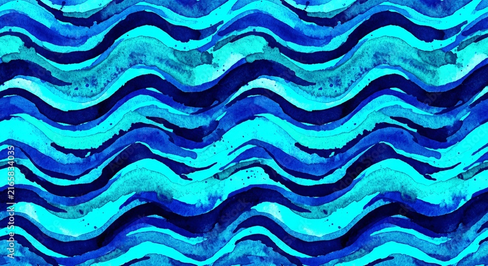 Blue water waves abstract seamless pattern vector background or fabric design ocean wave hand drawn watercolor illustration