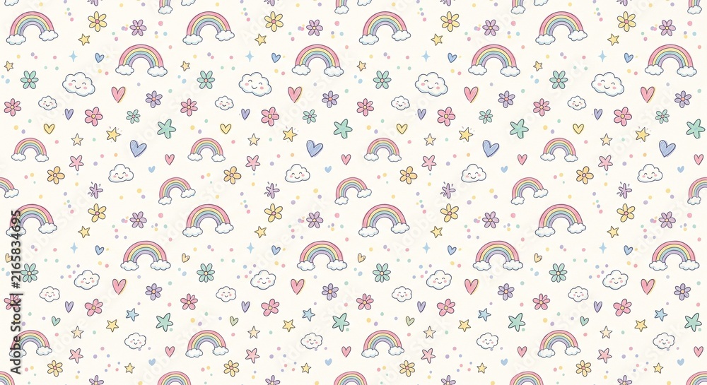 Cute seamless pattern with rainbows, clouds, stars and flowers vector illustration