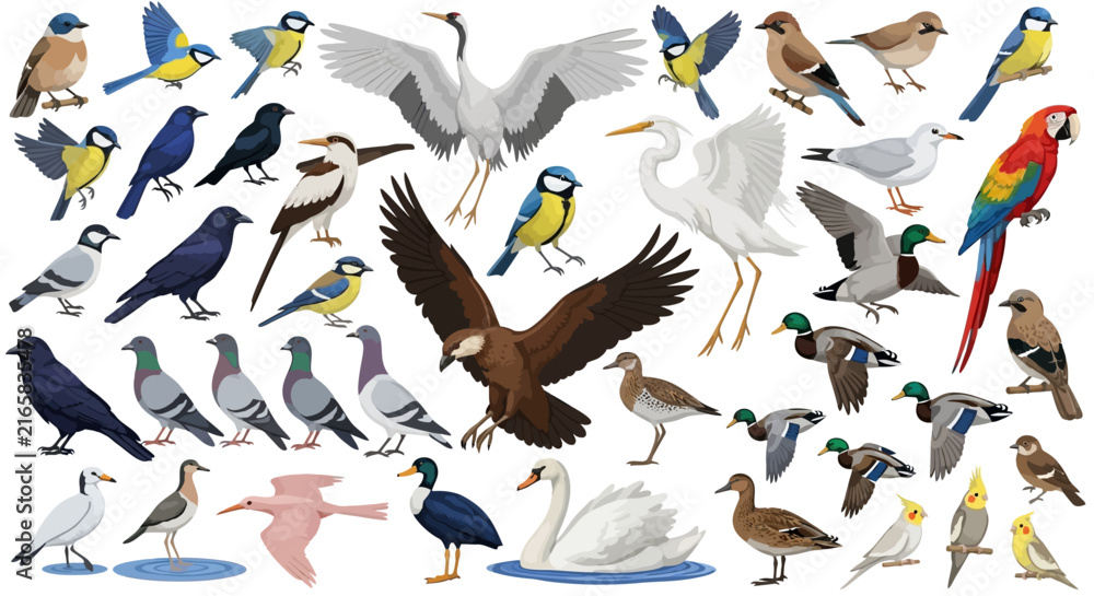 Naklejka premium Realistic bird species collection, diverse wild avian fauna vector set, colorful parrot and eagle illustrations for nature education