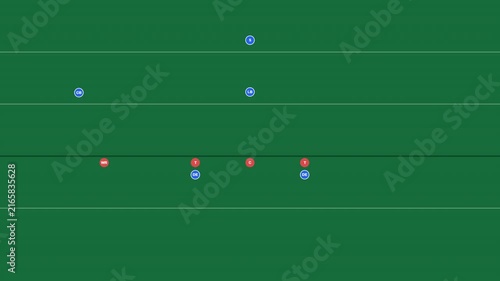 Abstract tactical diagram showing positions on a green sports field background.