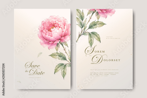 wedding invitation card with watercolor peonies flower