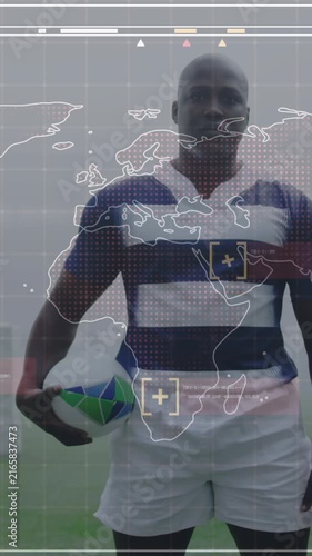Animation of world map with data processing over rugby players