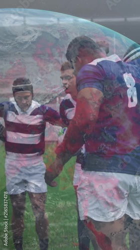Animation of globe with data processing over rugby players