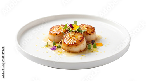 Pan-seared scallops with gourmet garnish, elegant seafood appetizer on white plate, luxury fine dining culinary presentation isolated PNG with Transparent Background