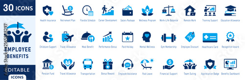 Employee Benefits and Compensation Icon Set, Employee benefits, Health insurance, workplace benefits, Work Perks, Insurance, Wellness and Staff Allowance Glyph Icons Collection, HR