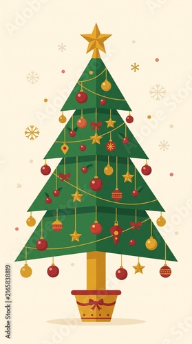 Festive decorated christmas tree with ornaments stars balls and ribbons on white background