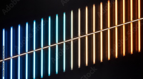 Abstract neon light bars in blue and orange gradient on black background, glowing vertical lines pattern, futuristic technology and sound wave concept