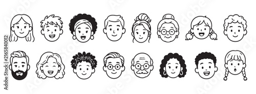 Hand drawn doodle outline face icon set showing sixteen diverse smiling heads with simple black strokes and varied hairstyles for profile and avatar use, with face, head, portrait, icon detail