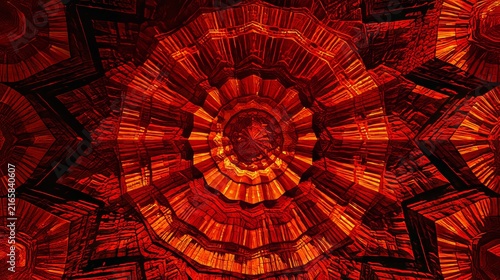 Vibrant futuristic kaleidoscope pattern in striking shades of red and orange 