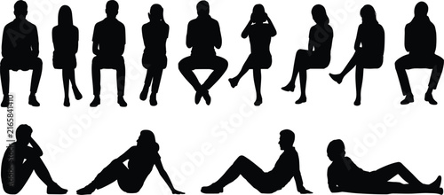 Set of black silhouettes showing people in various sitting and lying down poses isolated on a white background, for architectural and, interior visualization