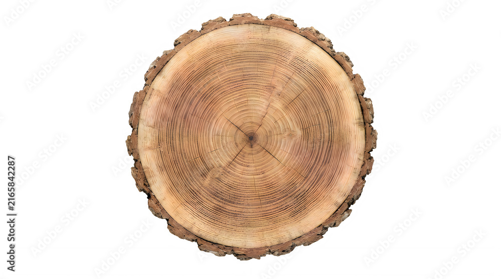 Obraz premium Round wooden tree log cross section showing annual rings and rough bark texture