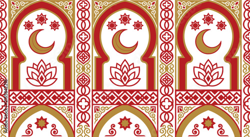 Decorative Islamic Seamless Pattern with Crescent Moon and Arch Geometry