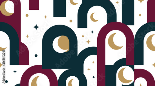 Minimal Islamic Geometric Pattern with Crescent and Arabic Arch Elements
