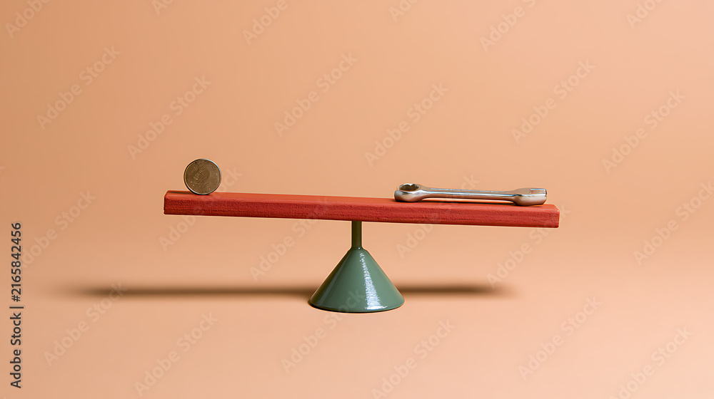 Fototapeta premium Conceptual image of a coin and a metal tool in balance on a seesaw, representing financial stability, equality, and clever business trade