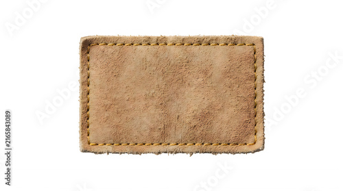Small rectangular brown leather patch with stitched edges for clothing label and fashion branding