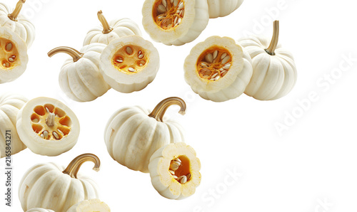 White mini pumpkins with natural stems and speckles, in a scattered layout isolated on white background.