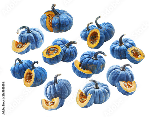 Set of blue pumpkins with orange speckles, isolated on white background. Concept of unique autumn harvest decoration