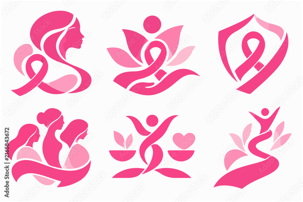 Obraz premium Pink ribbon emblem set featuring female profile lotus flower shield and supportive people.