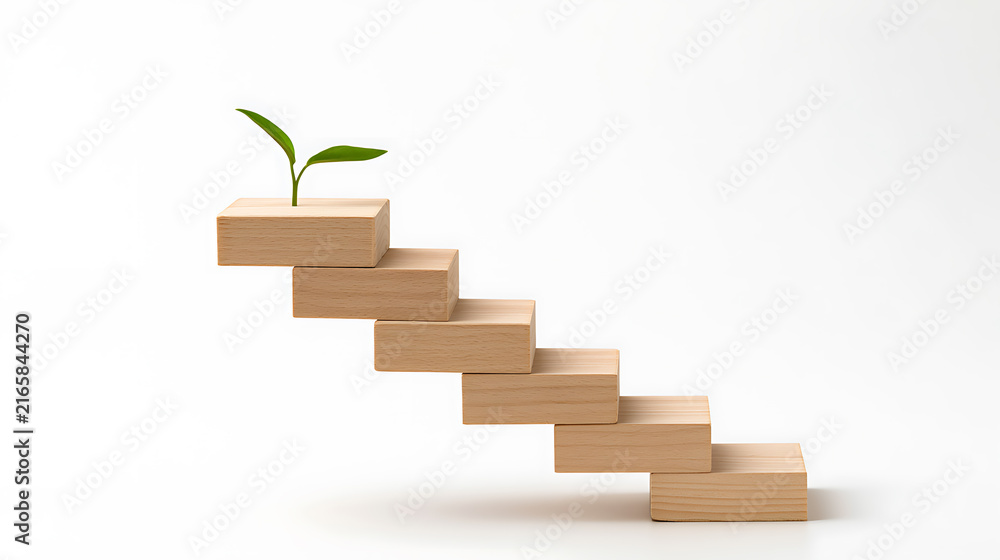 Fototapeta premium A small green plant sprout grows on top of wooden stair blocks, symbolizing business growth, career step, success, and sustainable future
