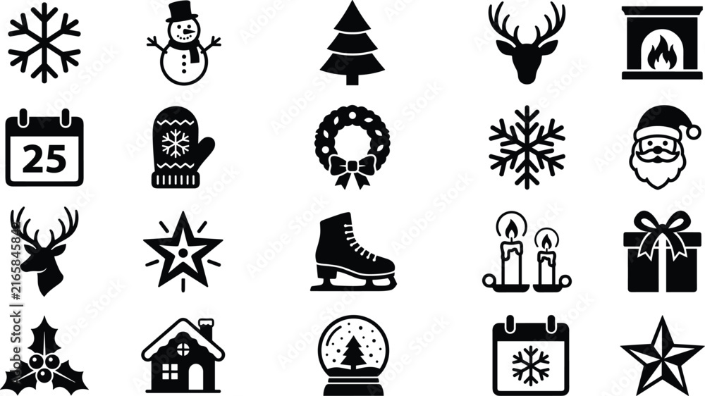 Fototapeta premium Festive December holiday glyphs depicting snowy seasonal motifs for joyful yuletide crafting or artistic creations