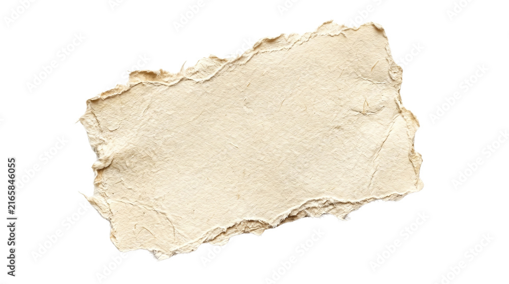 Fototapeta premium Vintage handmade paper scrap with deckle edges, rustic beige parchment texture, antique torn paper fragment on white background