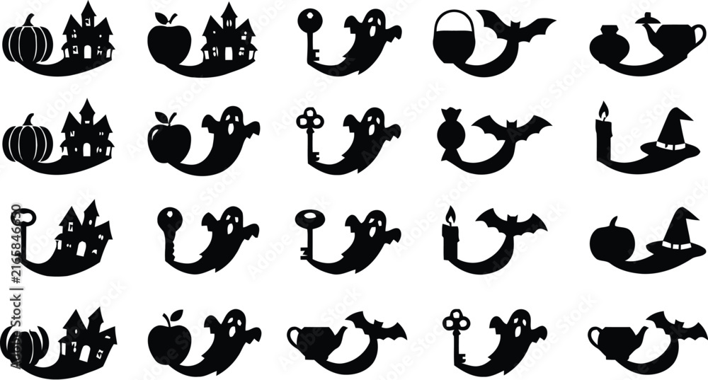 Fototapeta premium Collection of halloween themed silhouettes featuring pumpkins apples and keys silhouette