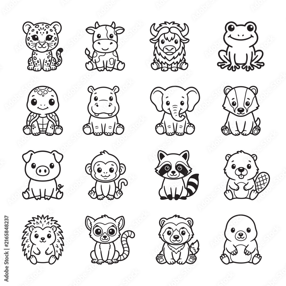Obraz premium Set of cute wild and farm animals line icons vector illustration