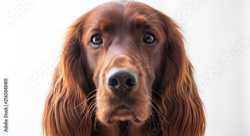 Close-up portrait of a gorgeous Irish Setter dog with long red coat and expressive eyes against a white background