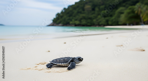 A cute baby sea turtle crawls across the soft white sand toward the turquoise ocean on a tropical beach