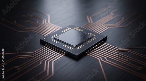 Modern Central Processor Microchip on Circuit Board with Copper Tracks