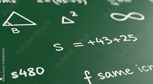 Mathematical formulas and geometric shapes on green chalkboard DN250925003 science education background