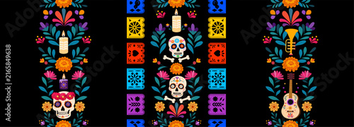 Colorful Decorative Pattern Featuring Skulls, Flowers, and Musical Elements Celebrating Cultural Heritage and Artistic Expression