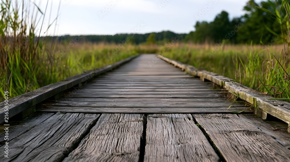 Obraz premium A weathered wooden boardwalk winds through tall grasses and reeds in a serene wetland landscape under soft natural light