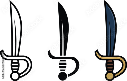 Foto Pirate cutlass sword vector set, curved saber icons, 3 nautical blade designs Ed