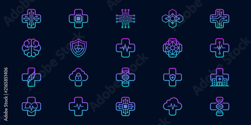 Medical Technology Line Icon Collection with Digital Healthcare, Circuit, Heartbeat, DNA and Hospital Symbols