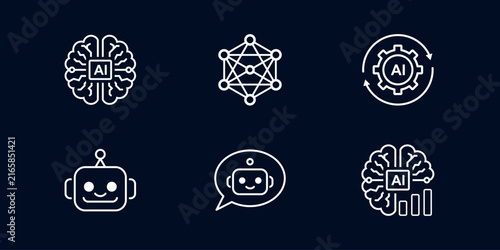 Artificial Intelligence Outline Icon Collection with Neural Network, AI Brain, Robot and Chatbot Symbols