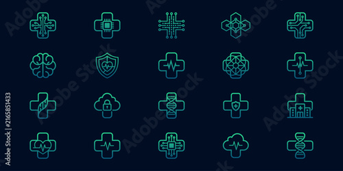 Green Medical Technology Line Icon Collection with Healthcare Cross, Circuit, DNA, Heartbeat and Hospital Symbols