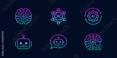 Artificial Intelligence Neon Outline Icon Collection with AI Brain, Neural Network, Robot and Chatbot Symbols