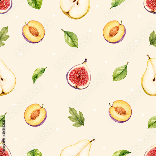Watercolor seamless pattern with figs, peaches, and pears, hand-drawn autumn fruit background