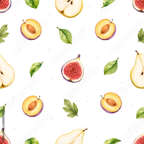 Watercolor seamless pattern with figs, peaches, and pears, hand-drawn autumn fruit background