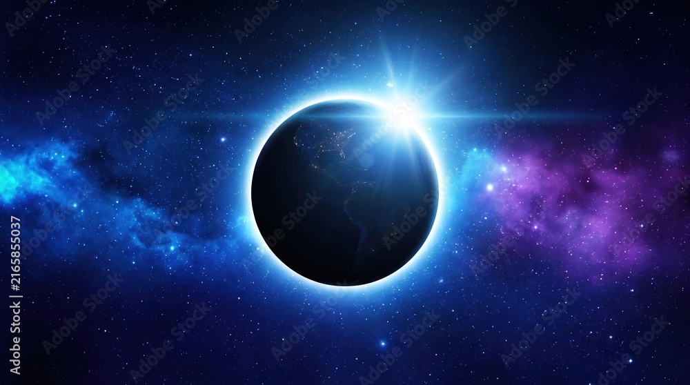 Fototapeta premium Earth and Moon in Outer Space with Blue Planet Earth, Stars, Galaxy, Atmosphere and Cosmic Universe Background