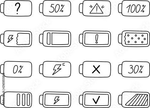 Minimalist battery level indicator icons vector set. Doodle style accumulator status symbols for phone interface with percentages, charging lightning, exclamation marks, error and full energy signs.