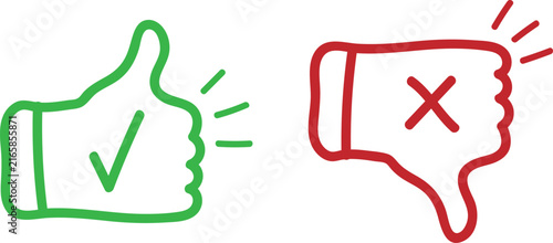 Thumbs up and thumbs down vector icons. Right and wrong symbols.