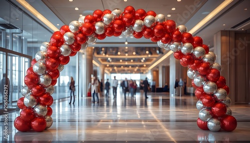 Grand Red and Silver Metallic Balloon Archway in Corporate Event Hall