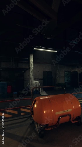 shadowed storage room with vending silhouette and stacked crates, faint corridor light leaking through doorway, power outage or afterhours scene for security
