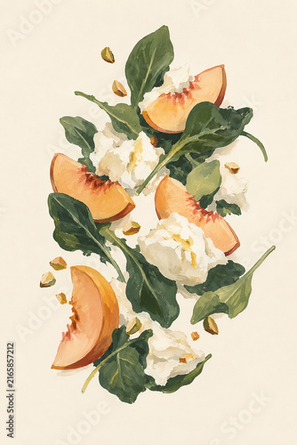 Peach Slices with White Flowers and Pistachios Botanical Illustration