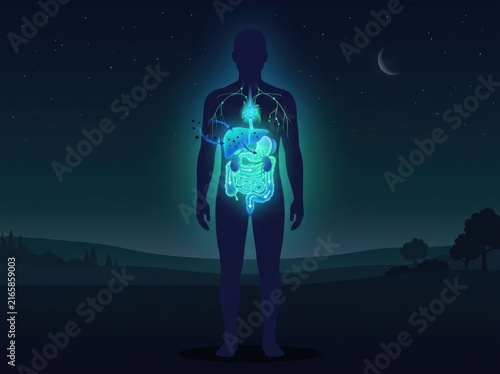 Glowing human digestive system anatomy visualization against dark