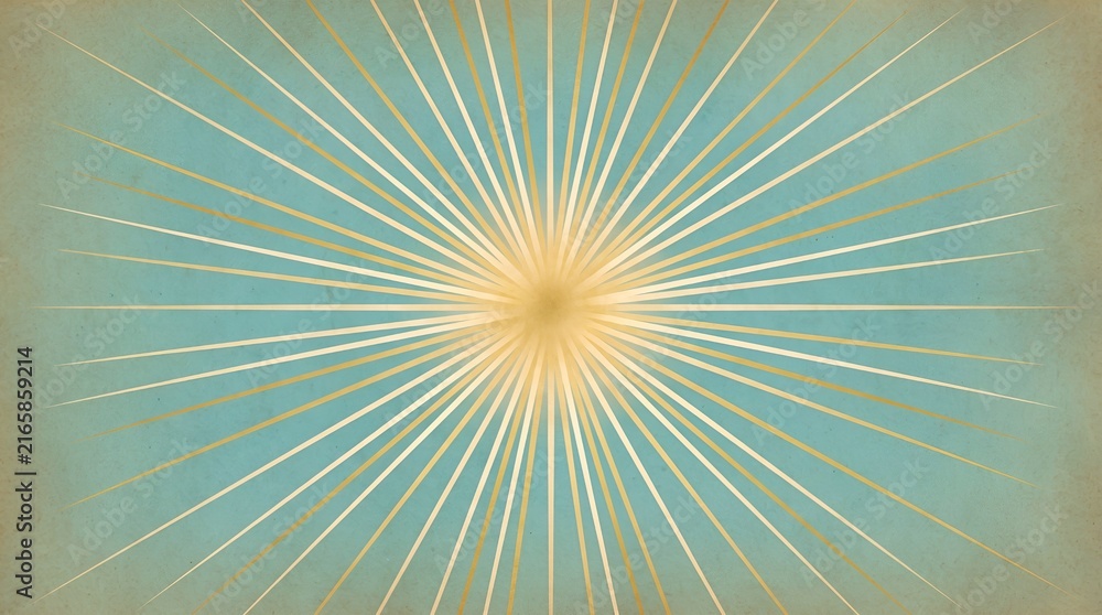 Obraz premium Vintage Sunburst Rays Background Retro Cream and Teal Sunbeam Radial Lines Texture